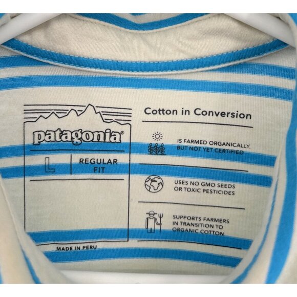 Patagonia Shirt Mens L Blue Striped Cotton In Conversion Polo Short Sleeve - Picture 2 of 5